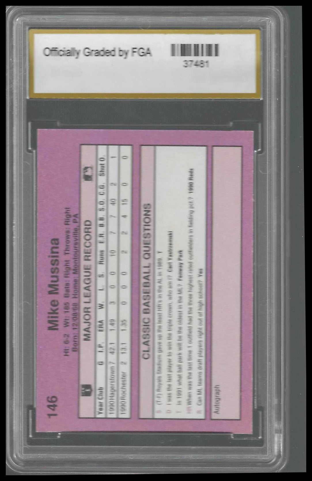 1991 Classic #146 Mike Mussina FGA GEM/MT 10