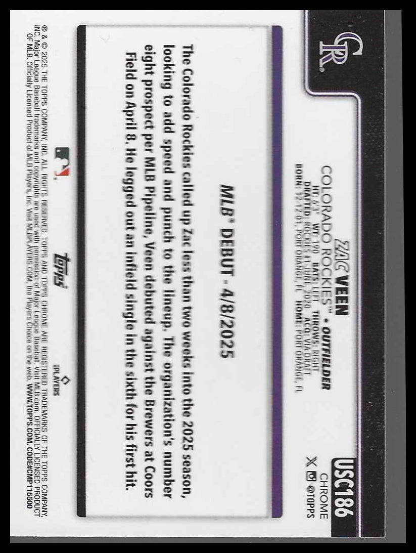 2025 Topps Chrome Update Sepia Refractors #USC186 Zac Veen