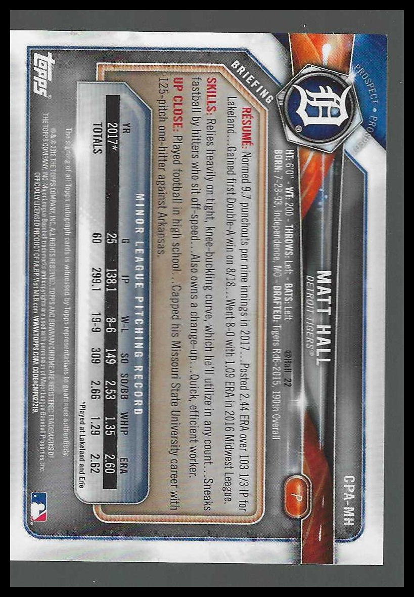 2018 Bowman Chrome Prospects Autographs #CPA-MH Matt Hall