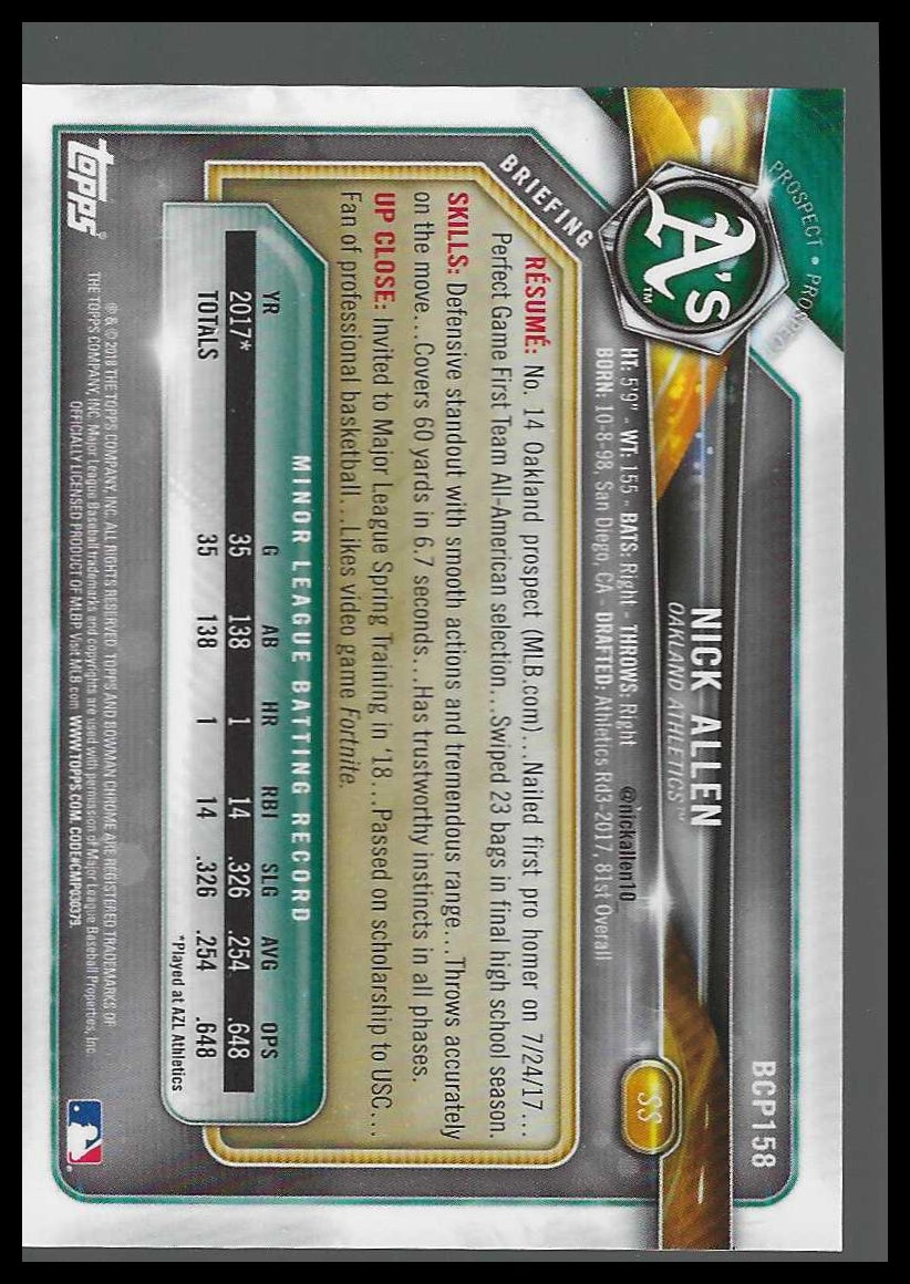 2018 Bowman Chrome Prospects Green Refractor #BCP158 Nick Allen #70/99