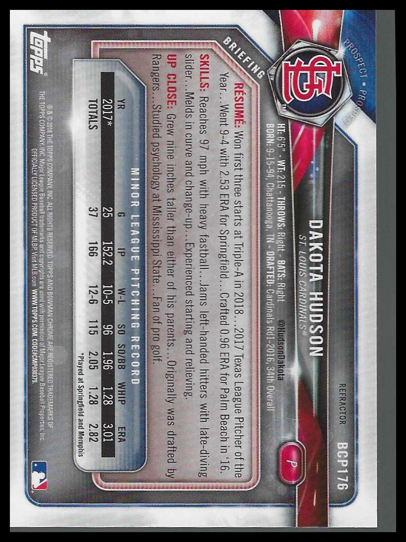 2018 Bowman Chrome Prospects Refractor #BCP176 Dakota Hudson #229/499