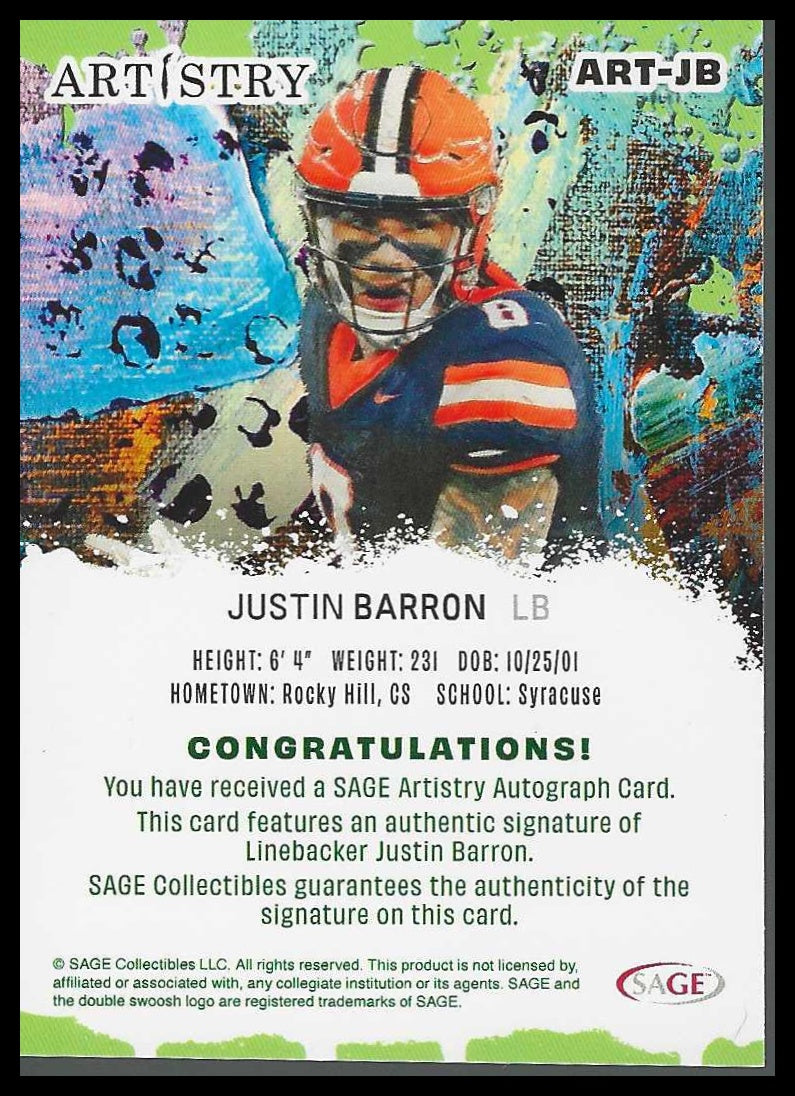 2025 Sage Artistry Autograph Red #ART-JB Justin Barron