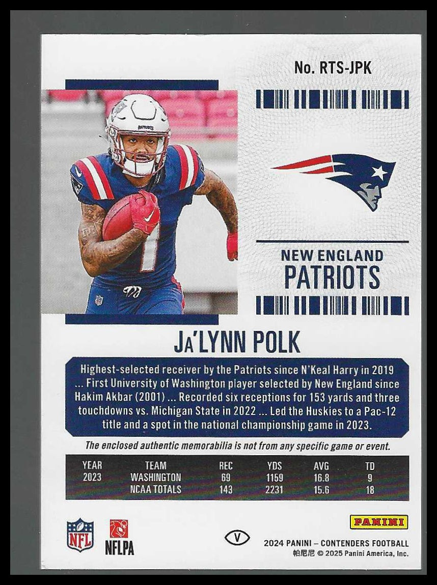2024 Panini Contenders Rookie Ticket Swatches #RTS-JPKb Ja'Lynn Polk