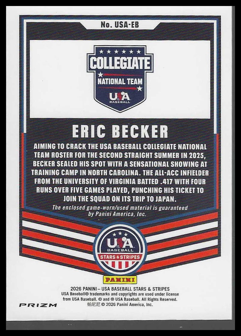 PANINI 2026 STARS & STRIPES ERIC BECKER GAME-WORN PRIZM #USA-EB COLLEGIATE USA