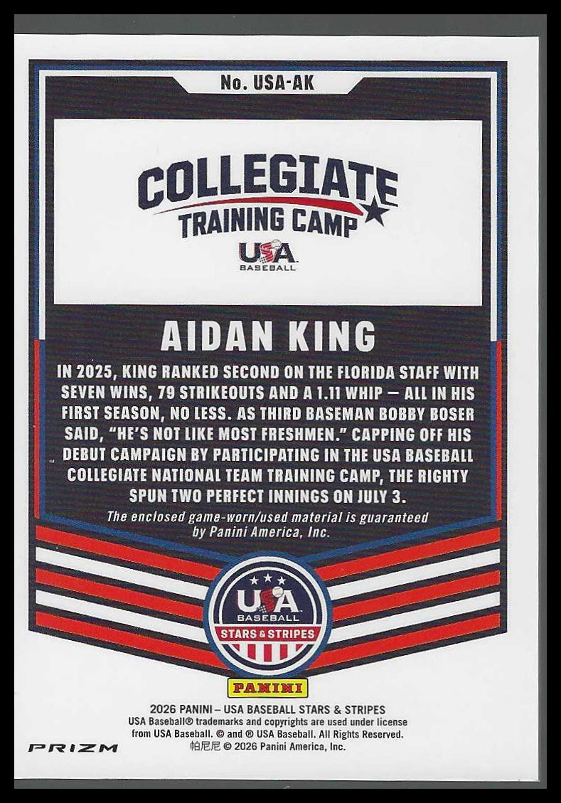Aidan King 2026 Panini Prizm USA Stars & Stripes Silver Relic #USA-AK GAME WORN