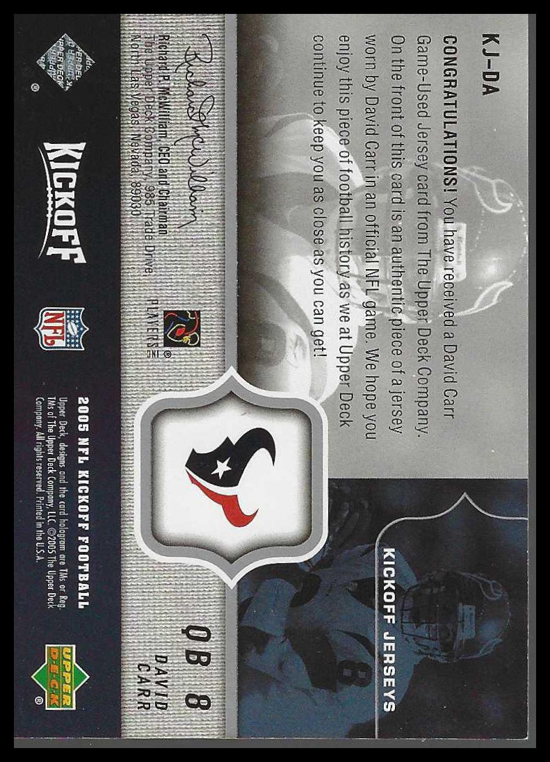 2005 Upper Deck Kickoff Game Jerseys #KJ-DA David Carr Game Worn
