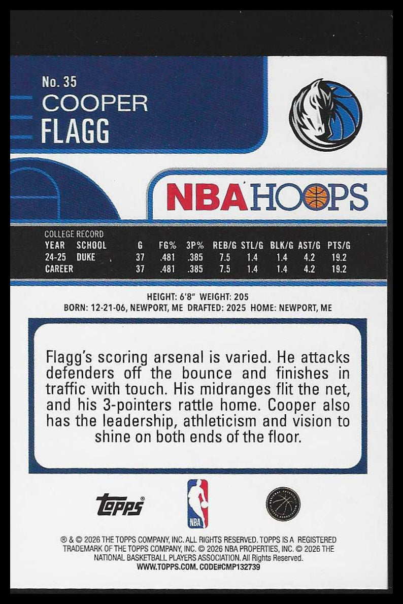 2025-26 Hoops #35 Cooper Flagg Rookie RC,Rookie