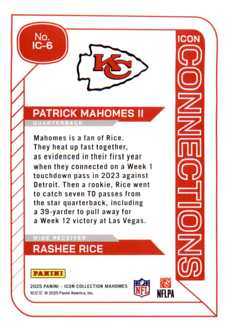 2025 Mahomes Icon Collection Icon #IC6 Patrick Mahomes II Rashee Rice