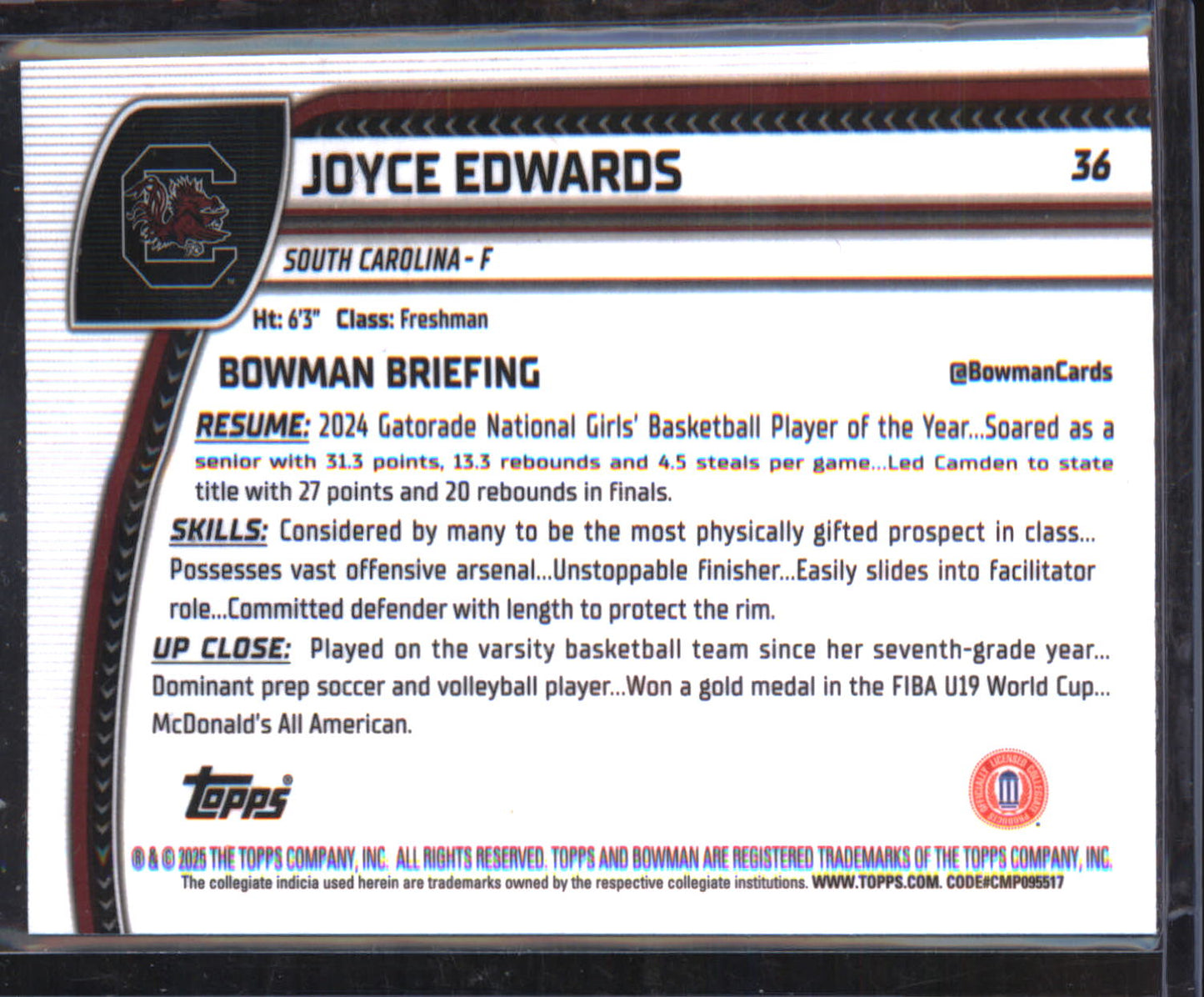 2024-25 Bowman Chrome Blue Reptilian Refractor #36 Joyce Edwards #/150