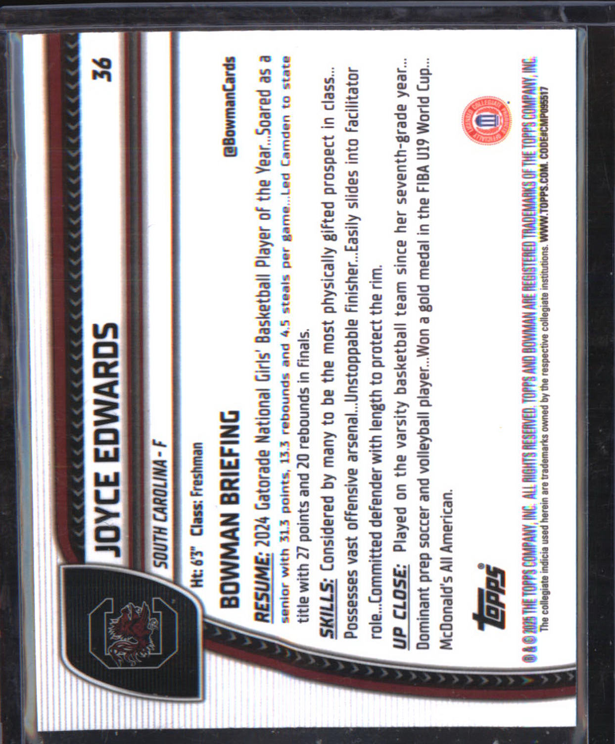 2024-25 Bowman Chrome Blue Reptilian Refractor #36 Joyce Edwards #/150