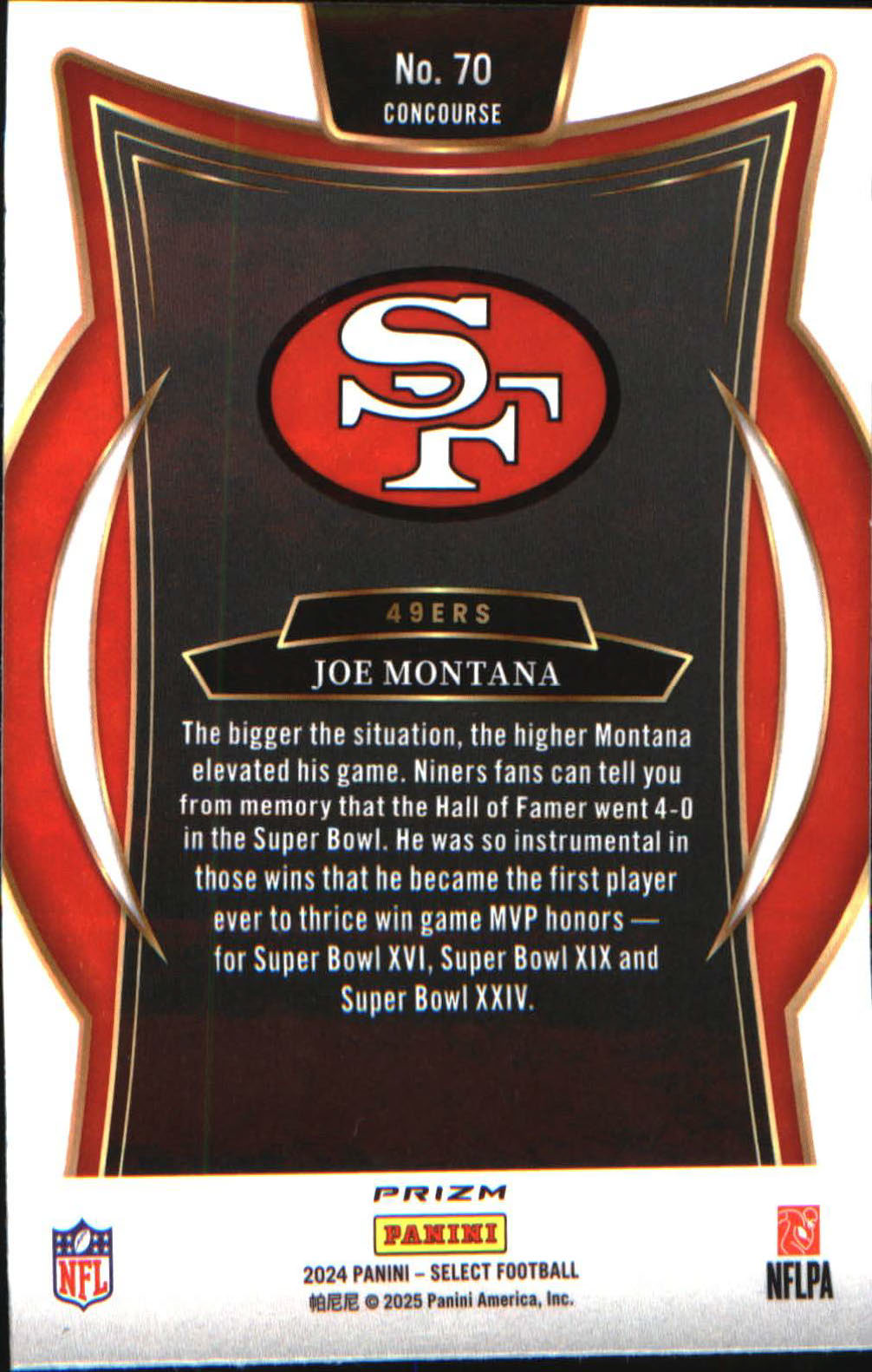 2024 Panini Select Black & Red Prizm Shock #70 Joe Montana