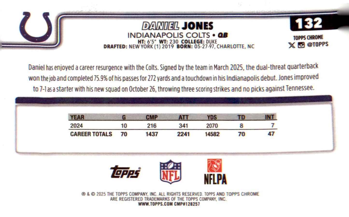 2025 Topps Chrome Red White and Blue Refractor #132 Daniel Jones
