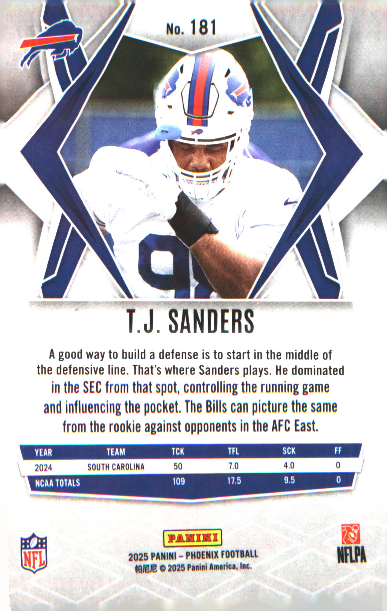 2025 Panini Phoenix #181 T.J. Sanders Rookie RC
