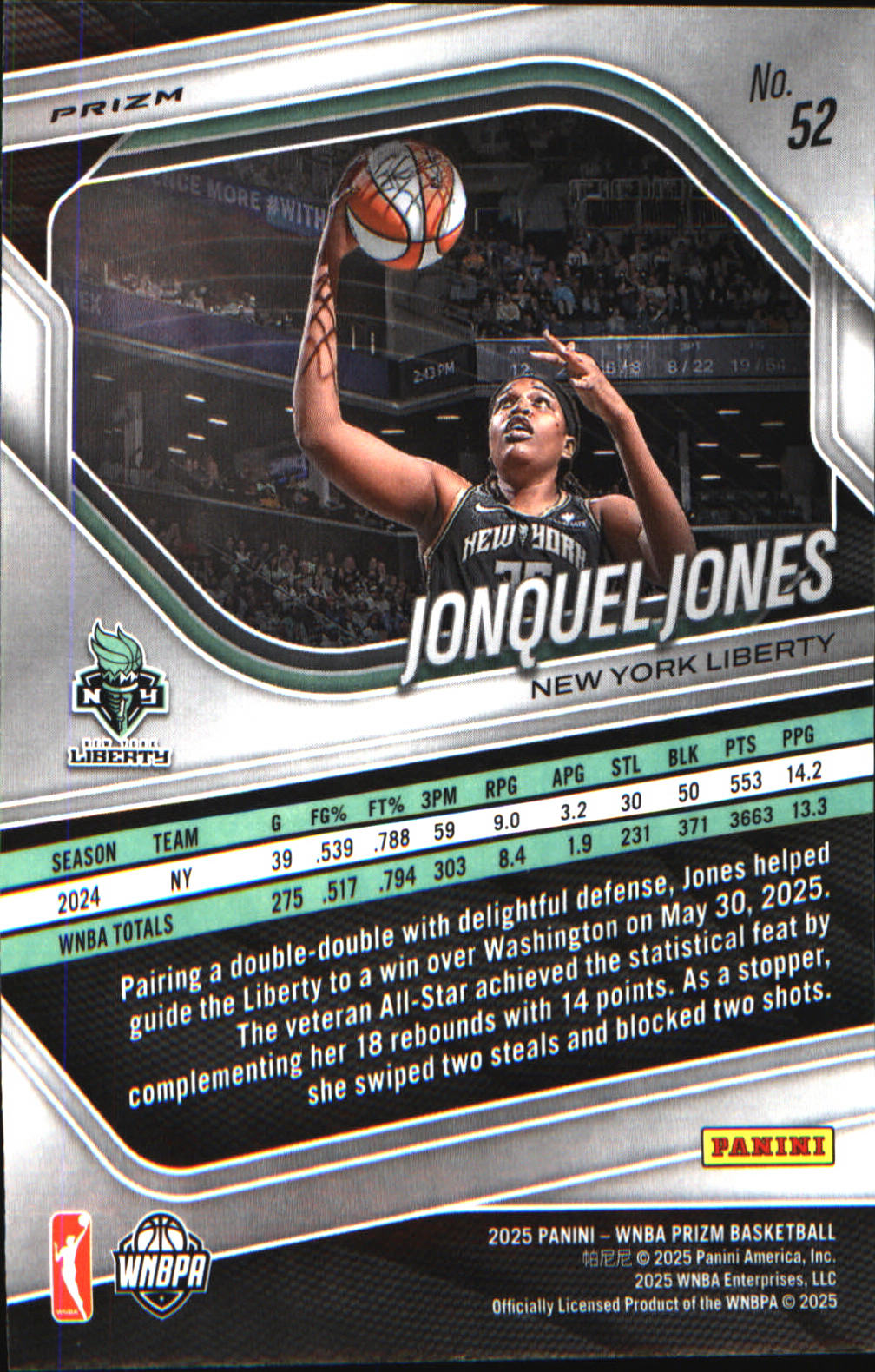 2025 Panini Prizm WNBA Ice Prizms #52 Jonquel Jones