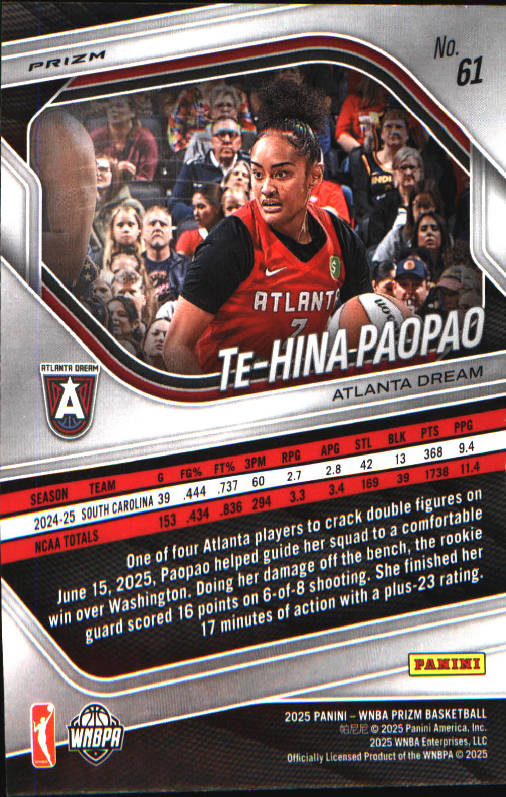 2025 Panini Prizm WNBA Ice Prizm #61 Te-Hina Paopao