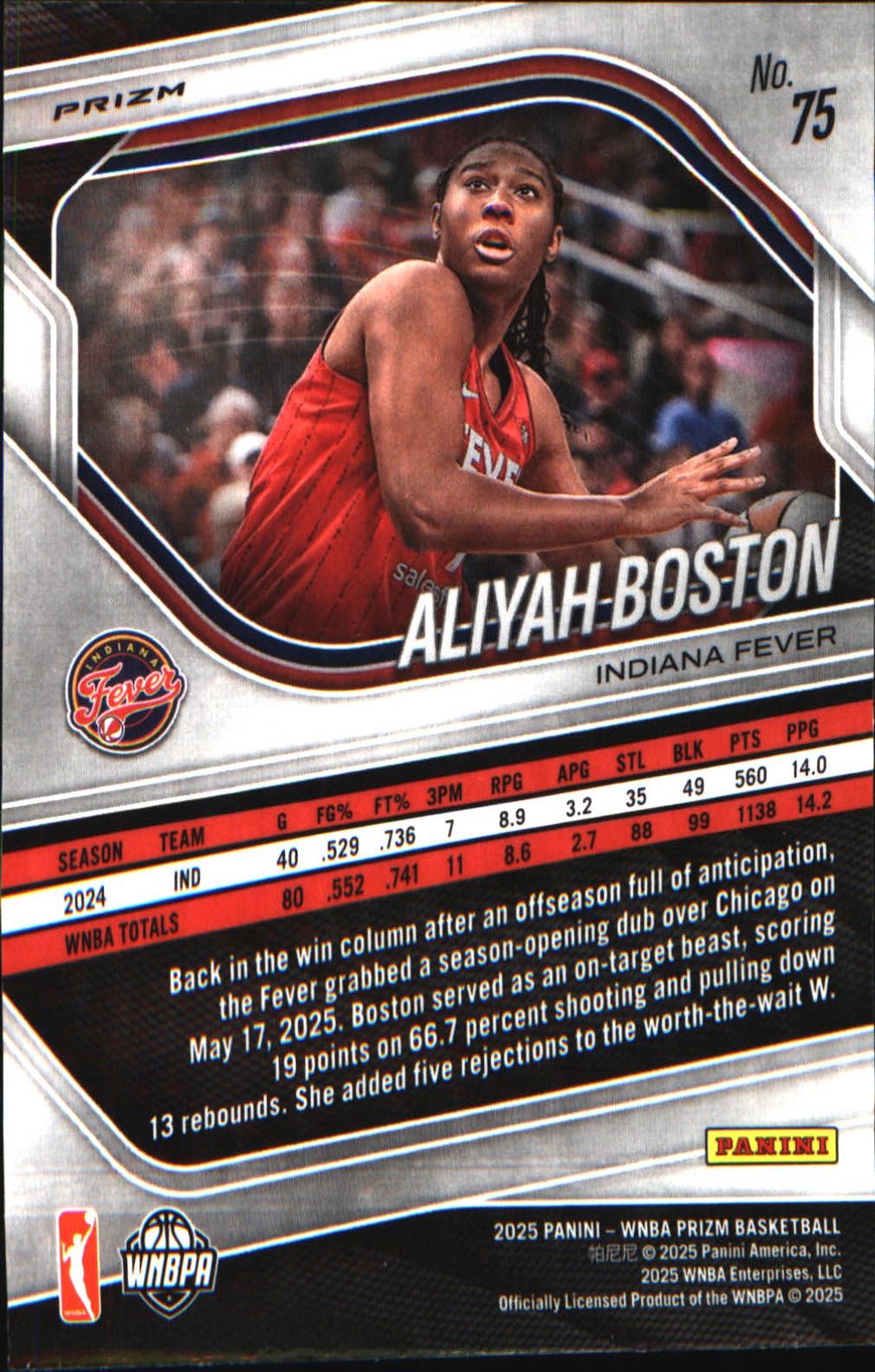 2025 Panini Prizm WNBA Ice Prizm #75 Aliyah Boston