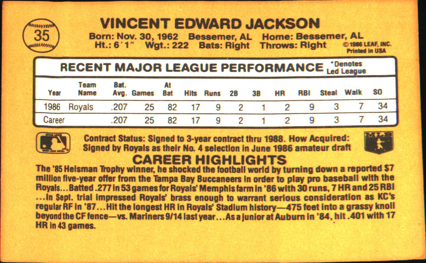 1987 Leaf #35 Bo Jackson Rookie RC