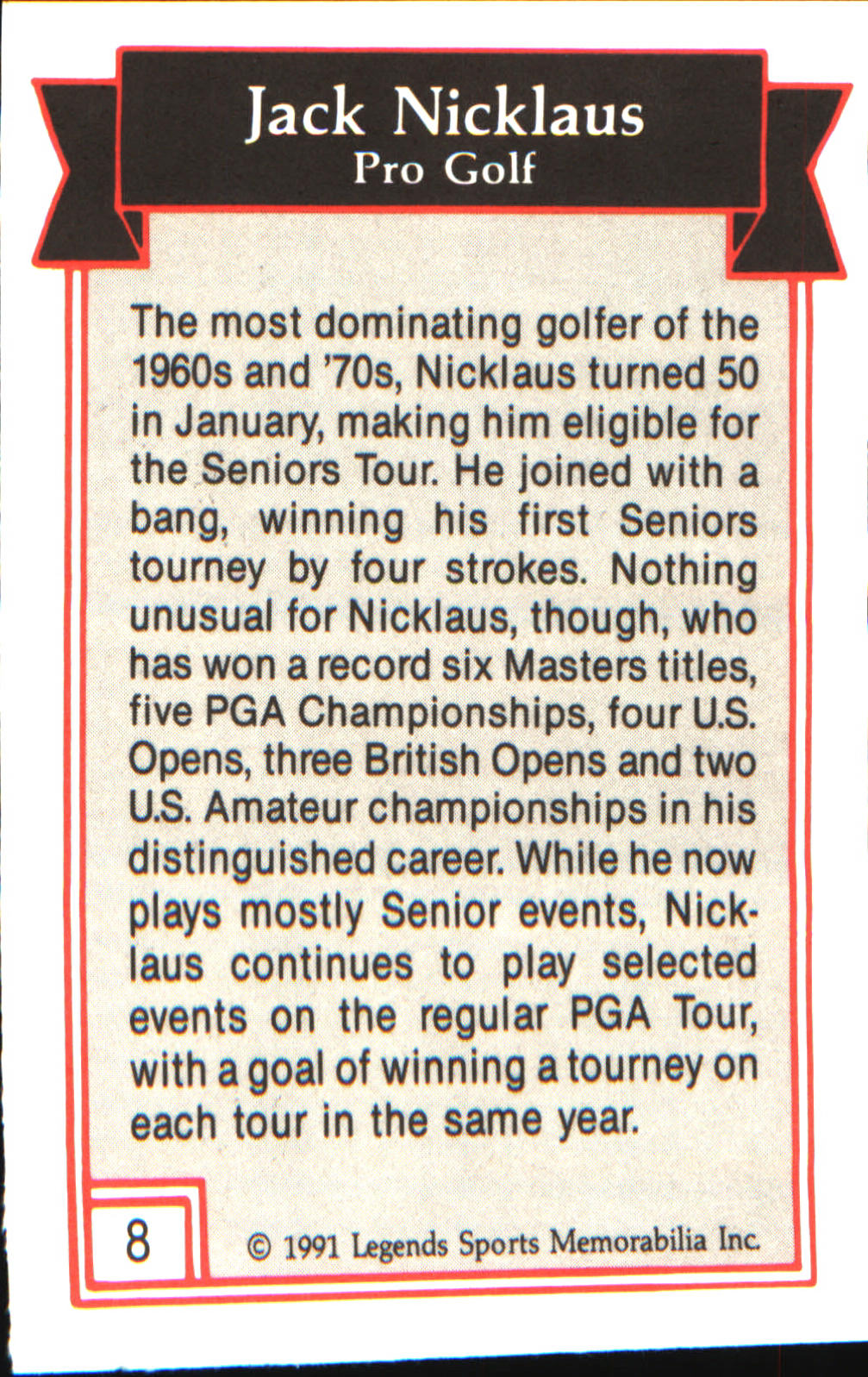 1991 Legends Sports Memorabilia #8 Jack Nicklaus