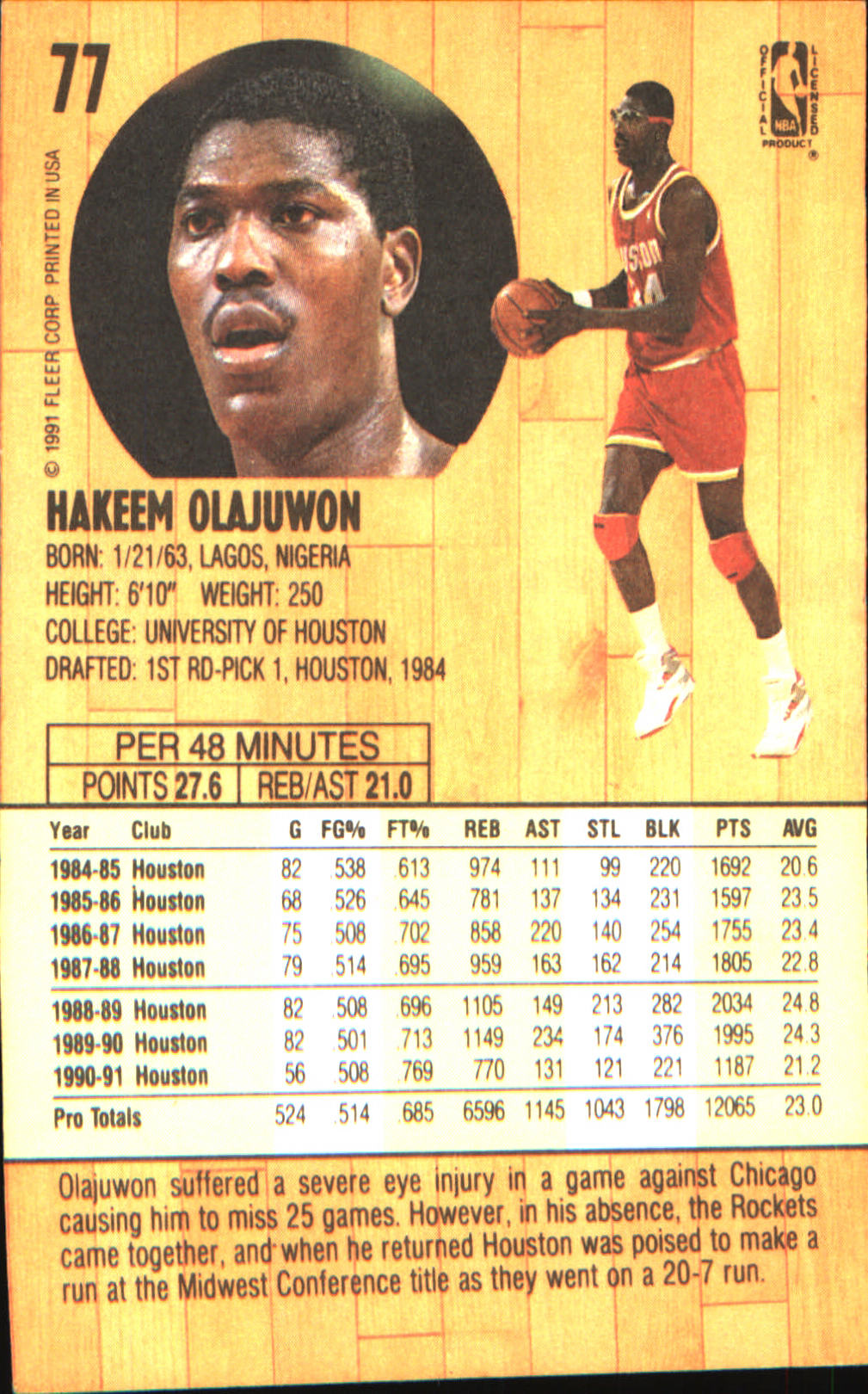 1991-92 Fleer #77 Hakeem Olajuwon