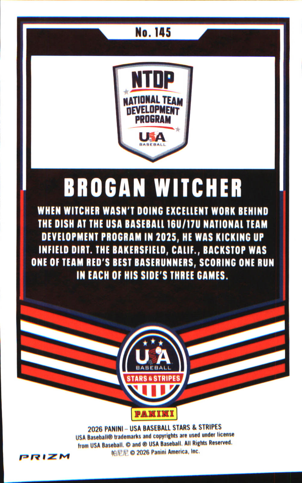 2026 Panini Stars & Stripes Prizm USA Baseball #145 Brogan Witcher