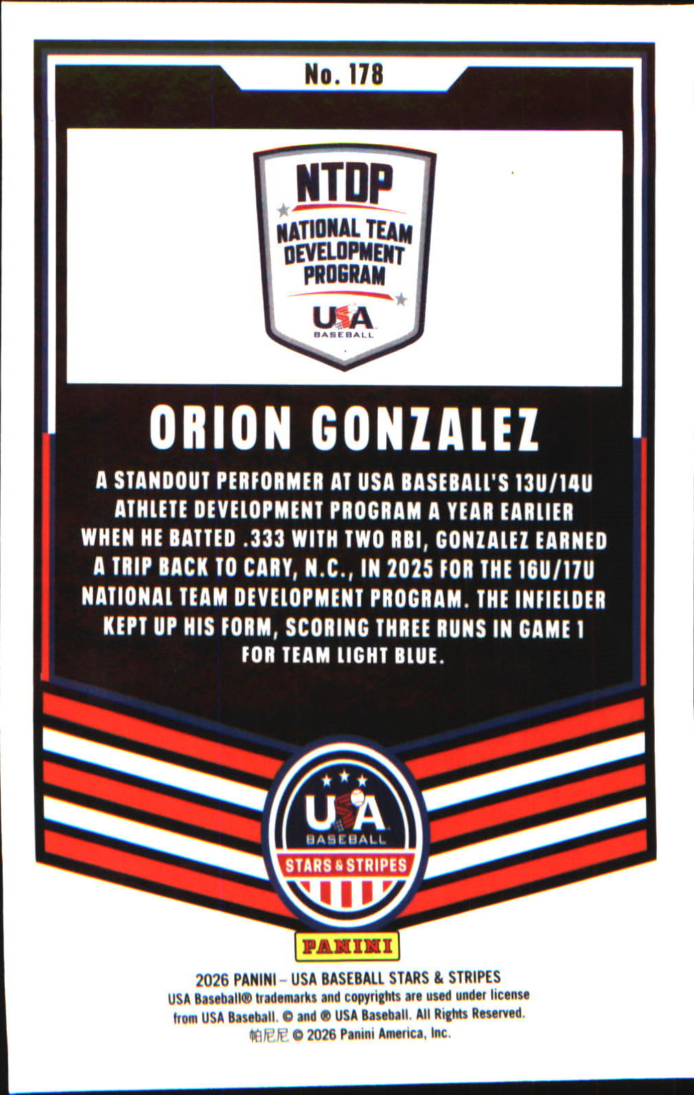 2026 Panini Stars & Stripes Prizm USA Baseball #178 Orion Gonzalez