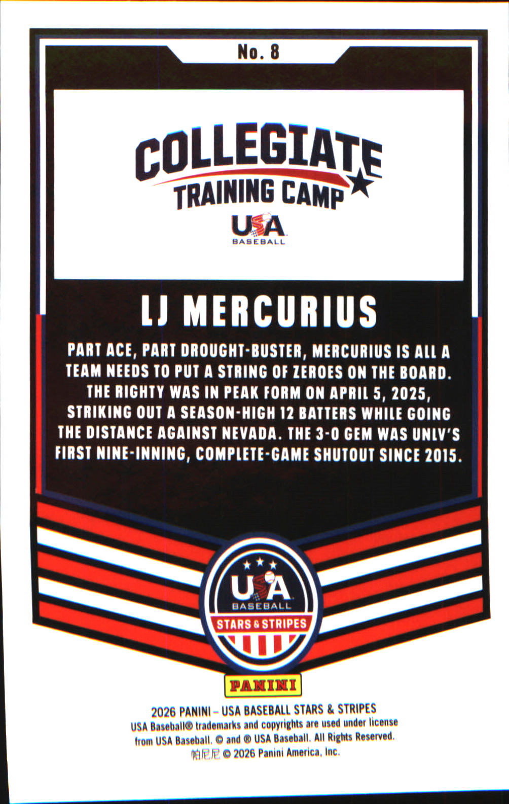 2026 Panini Stars & Stripes Prizm USA Baseball #8 LJ Mercurius