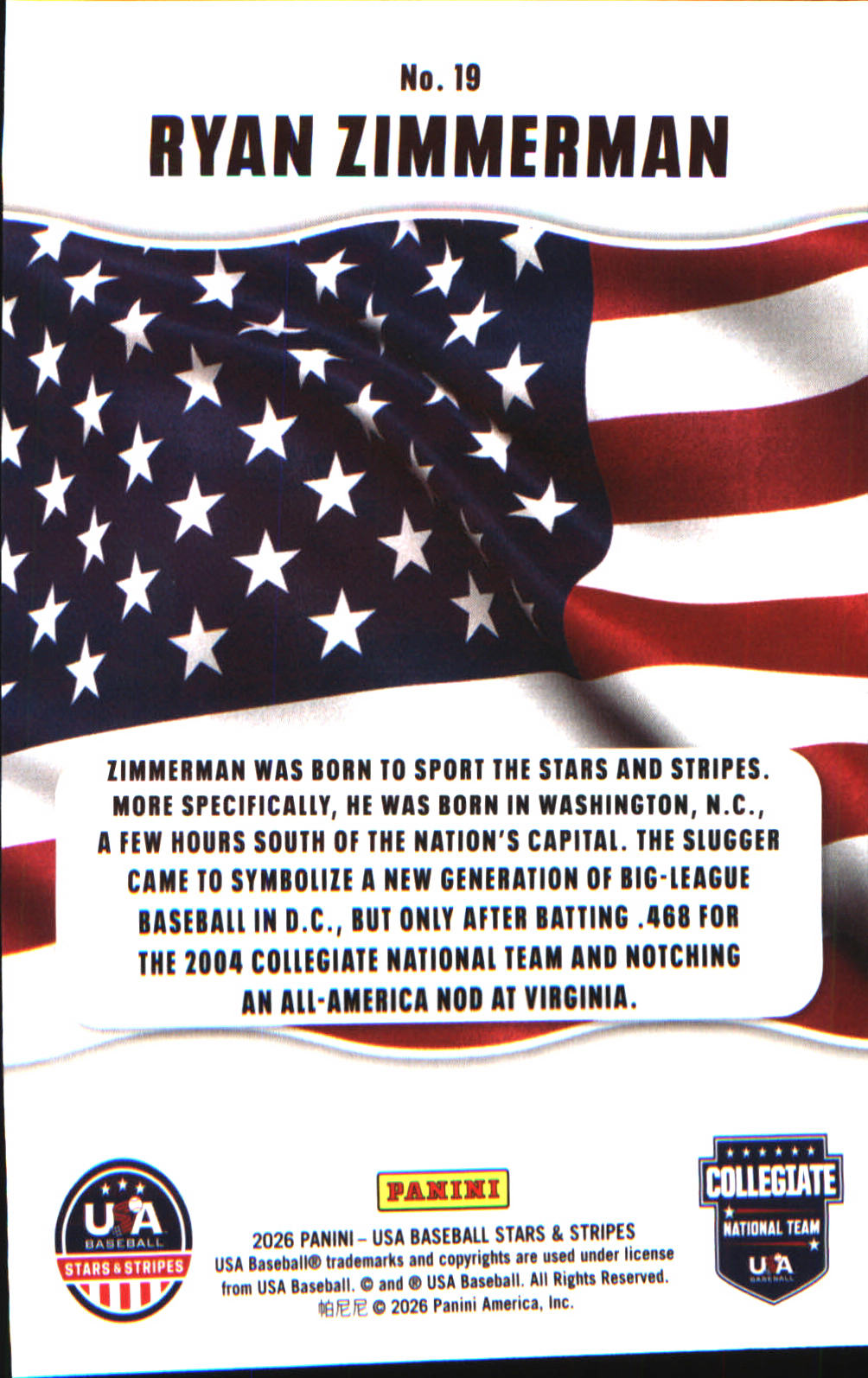 2026 Panini Stars & Stripes Prizm USA Baseball All-American #19 Ryan Zimmerman