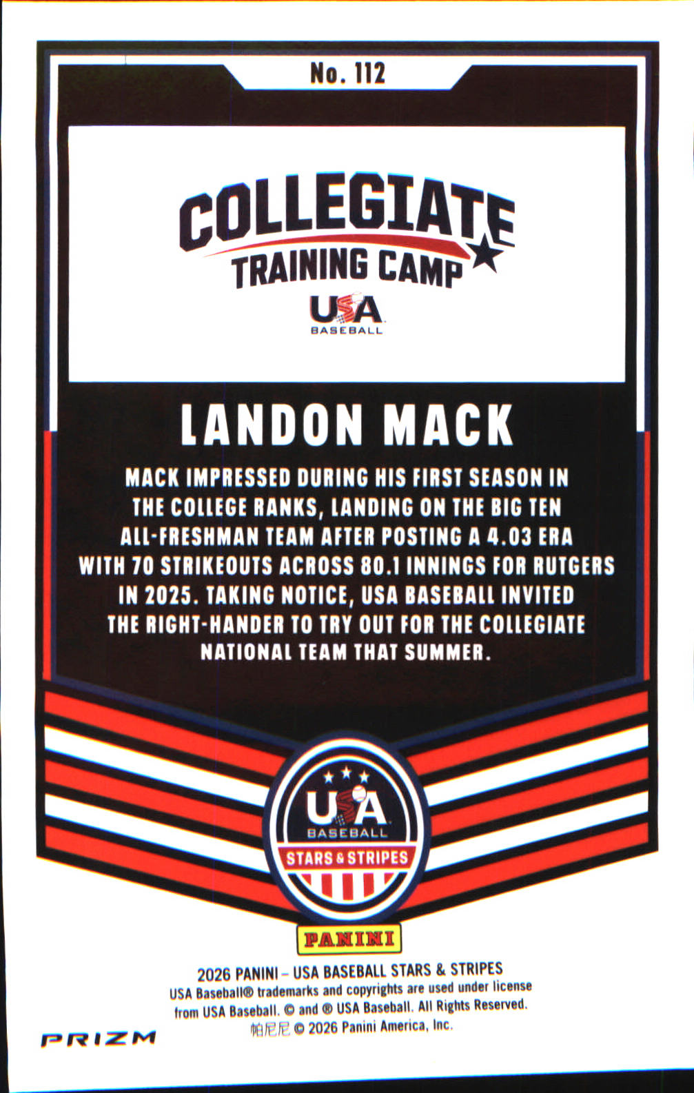 2026 Panini Stars & Stripes Prizm USA Baseball Green #112 Landon Mack
