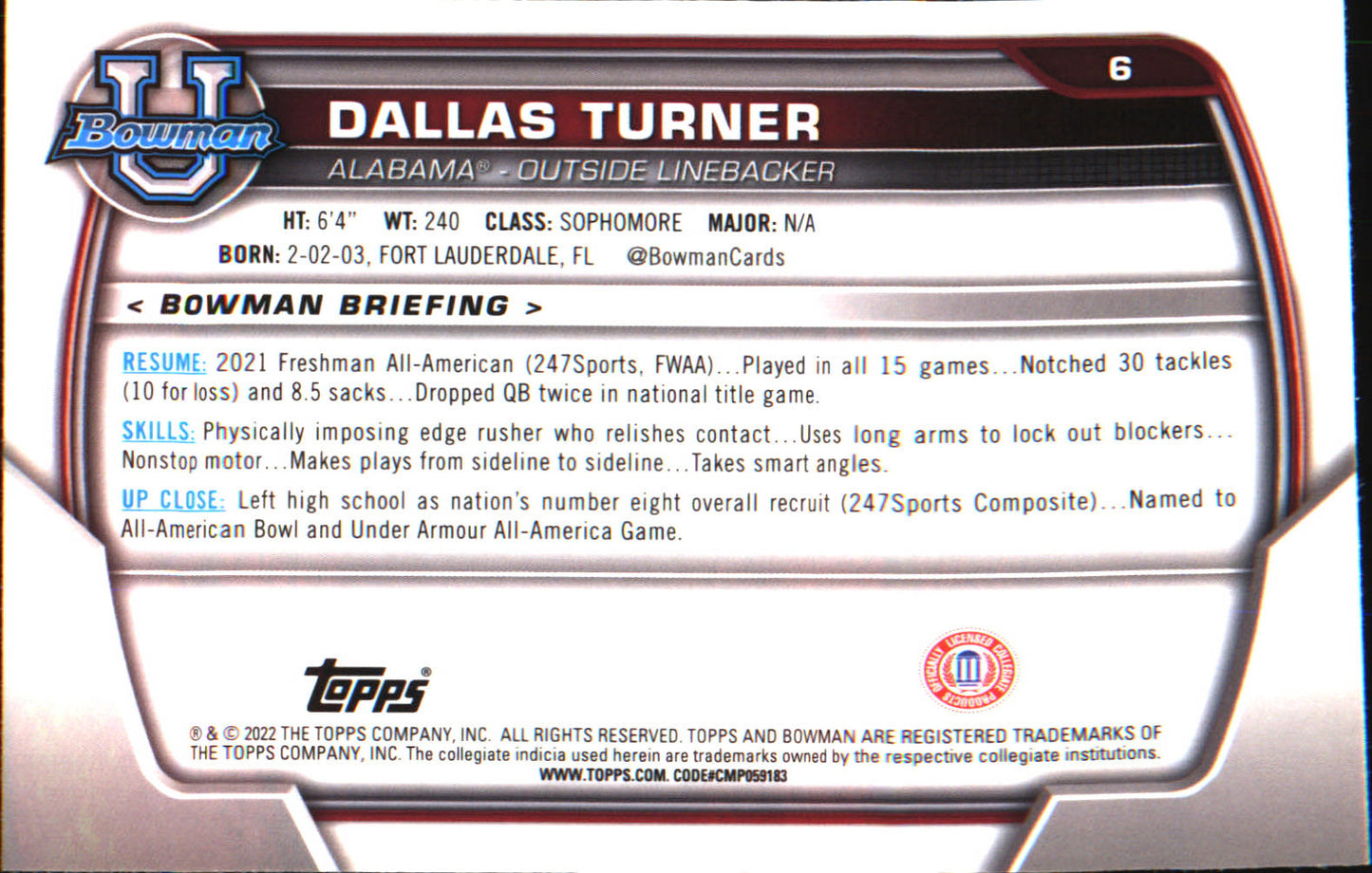 2022 Bowman University Chrome #6 Dallas Turner