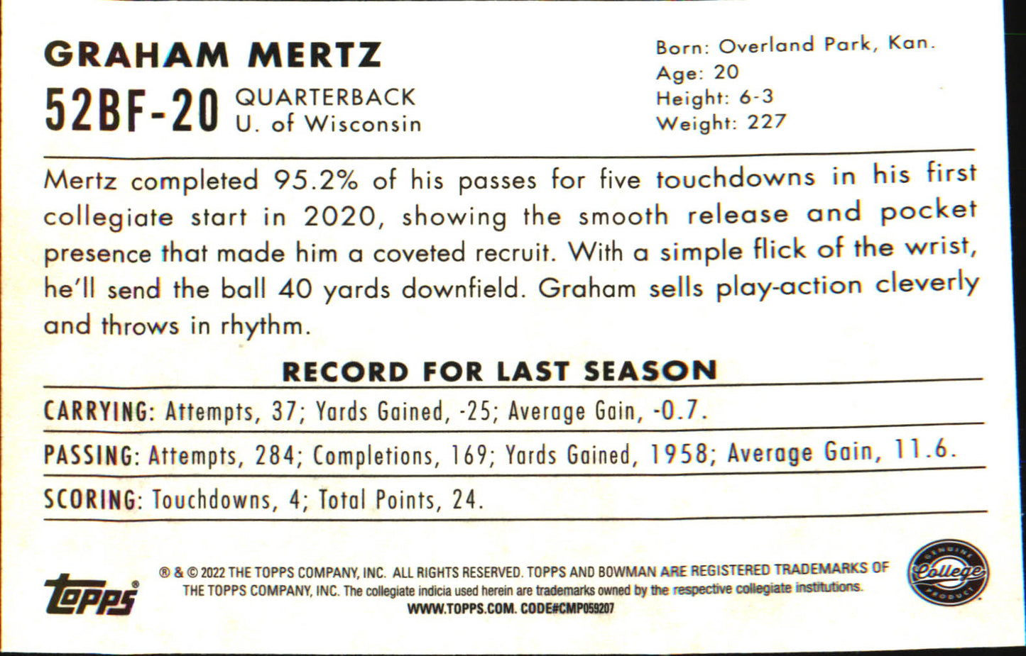 2022 Bowman University Chrome 1952 Bowman #52BF-20 Graham Mertz