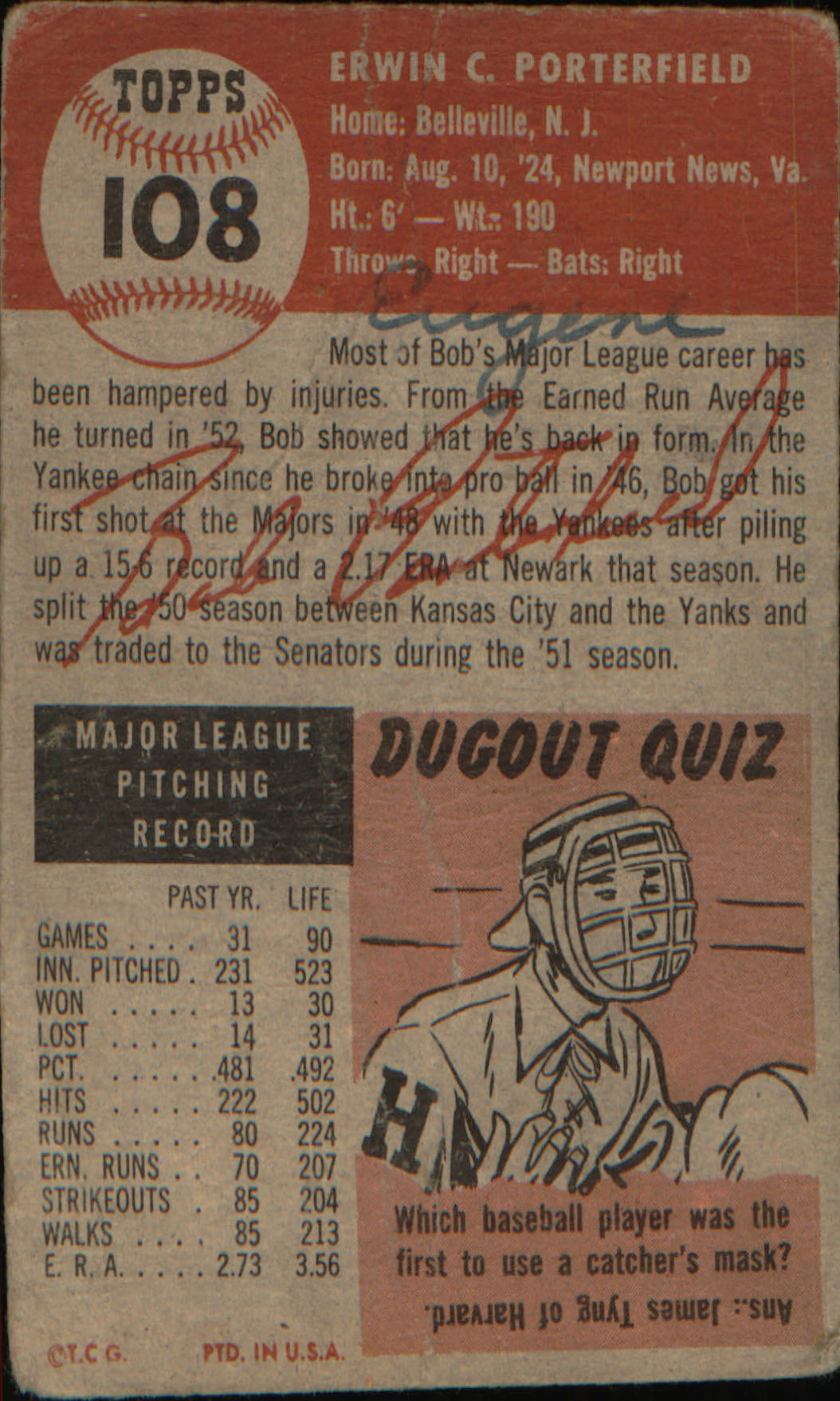 1953 Topps : Bio uses white text #108a Bob Porterfield