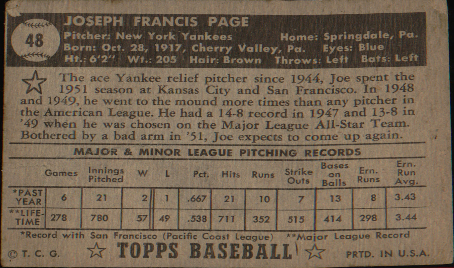 1952 Topps #48b Joe Page