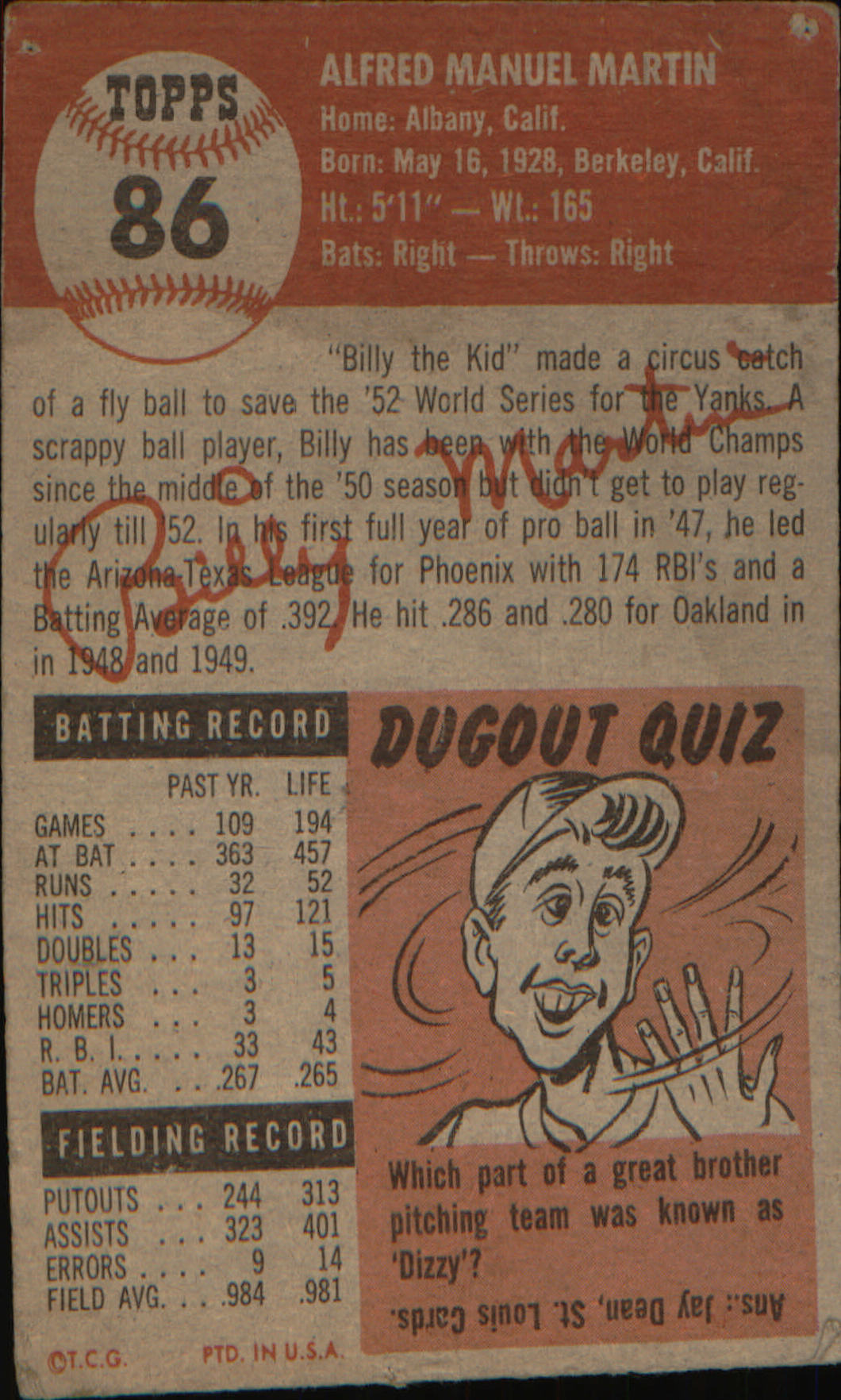 1953 Topps : Bio uses black text #86a Billy Martin