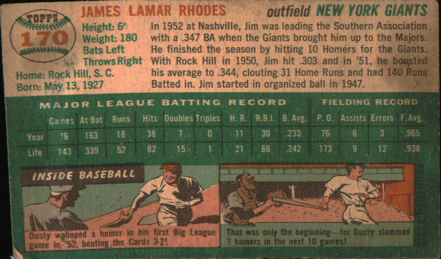 1954 Topps #170 Jim Rhodes Rookie Rookie