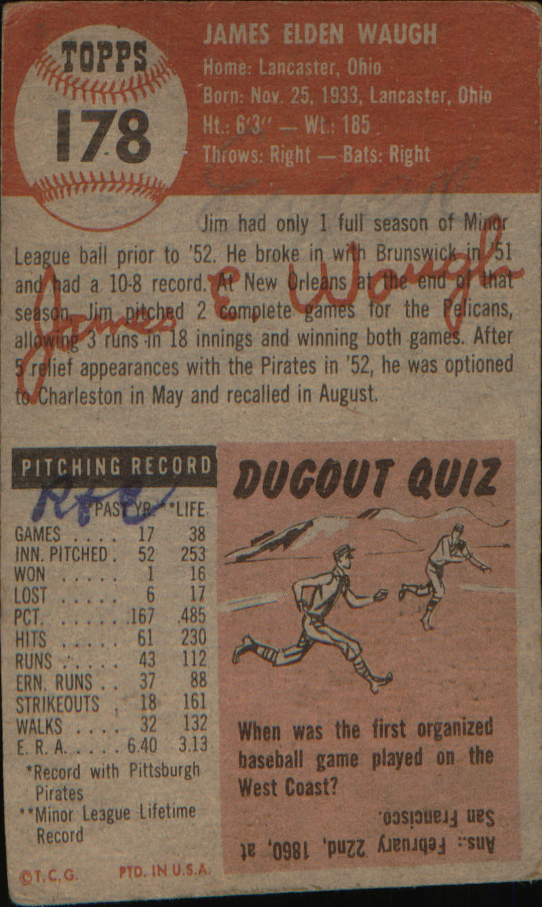1953 Topps #178 Jim Waugh Rookie Rookie