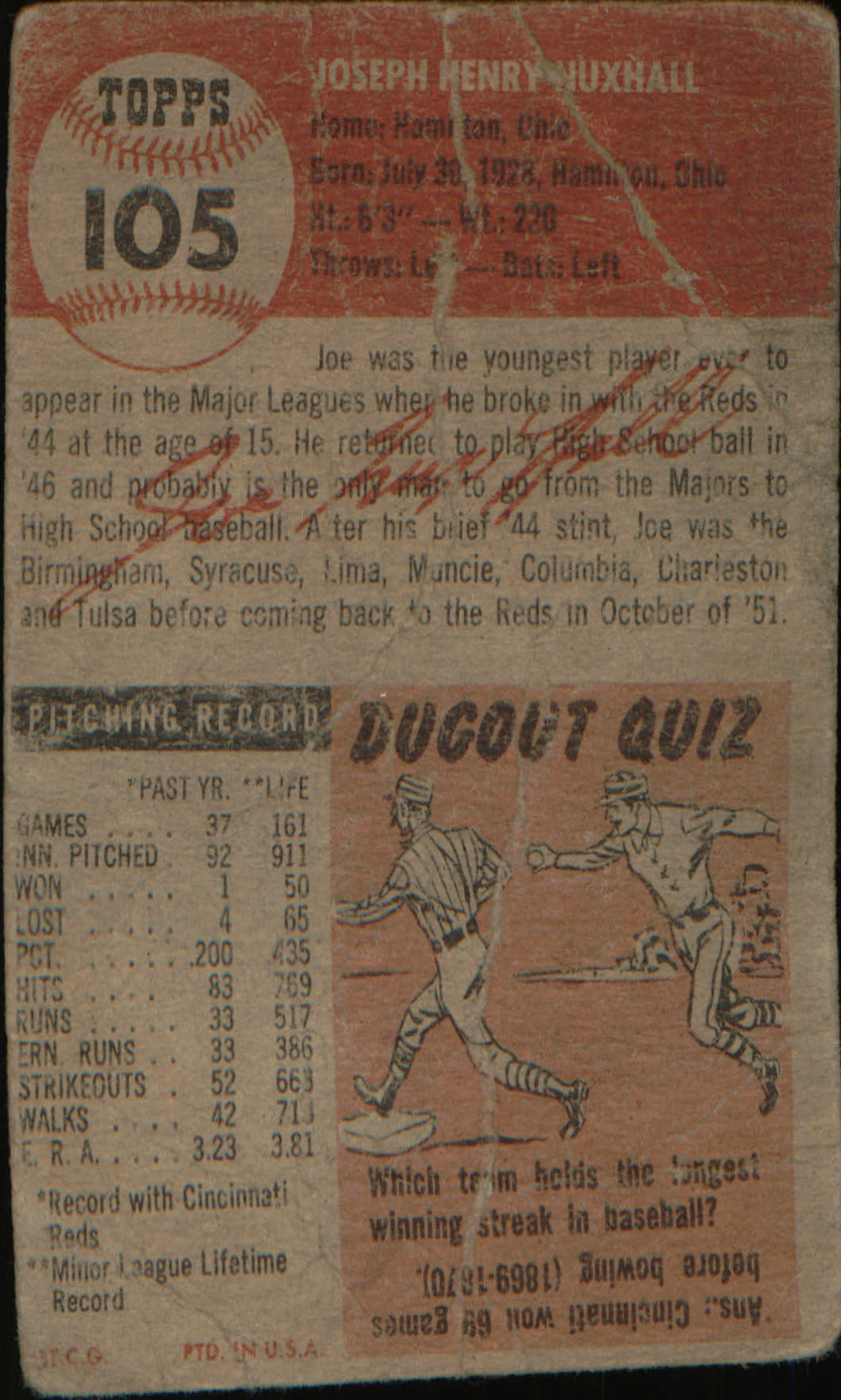 1953 Topps : Bio uses white text #105a Joe Nuxhall