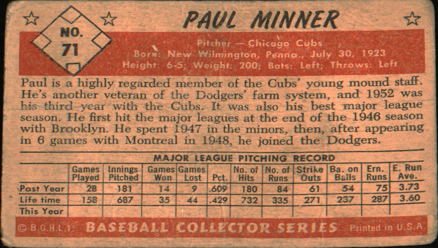 1953 Bowman Color #71 Paul Minner