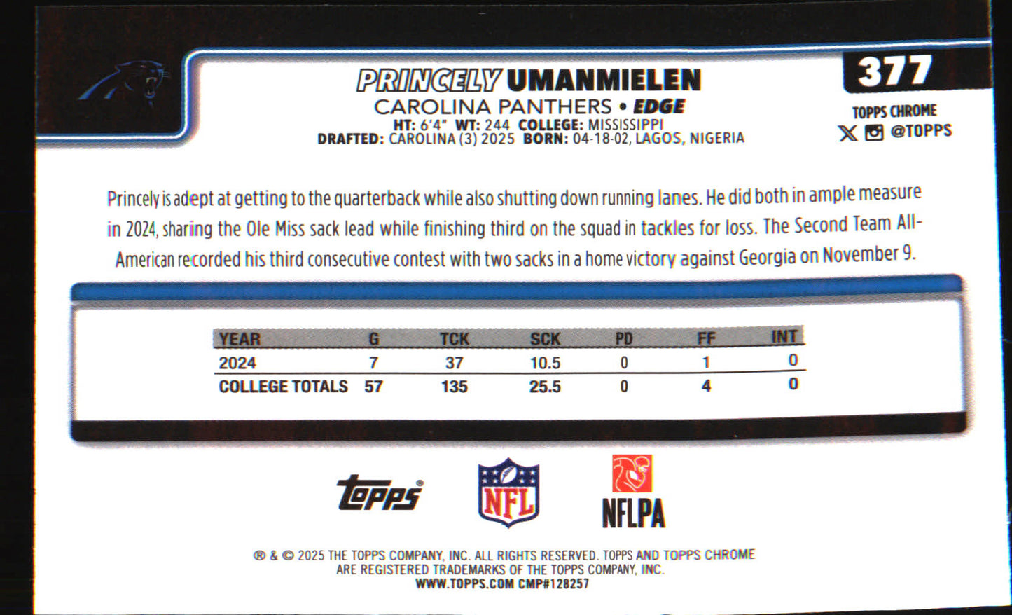 2025 Topps Chrome Pulsar Refractor #377 Princely Umanmielen Rookie Rookie