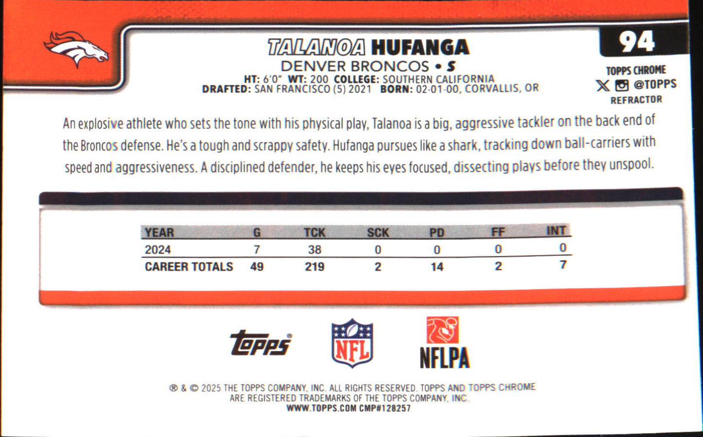 2025 Topps Chrome Refractor #94 Talanoa Hufanga