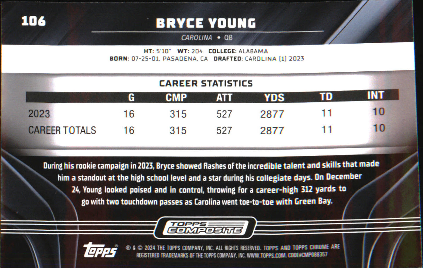 2023 Topps Composite Topps Chrome Black #106 Bryce Young Rookie Rookie