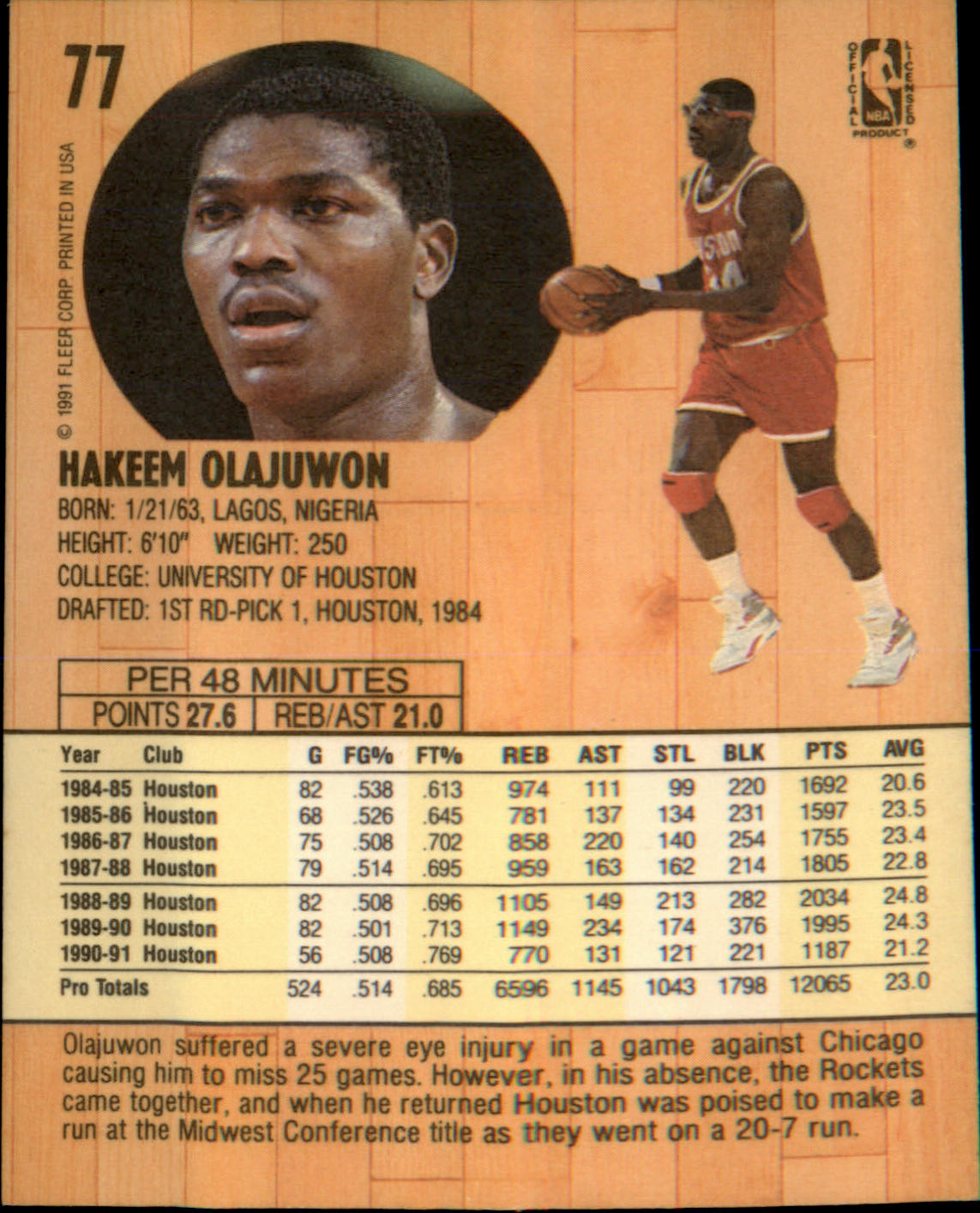 1991-92 Fleer #77 Hakeem Olajuwon