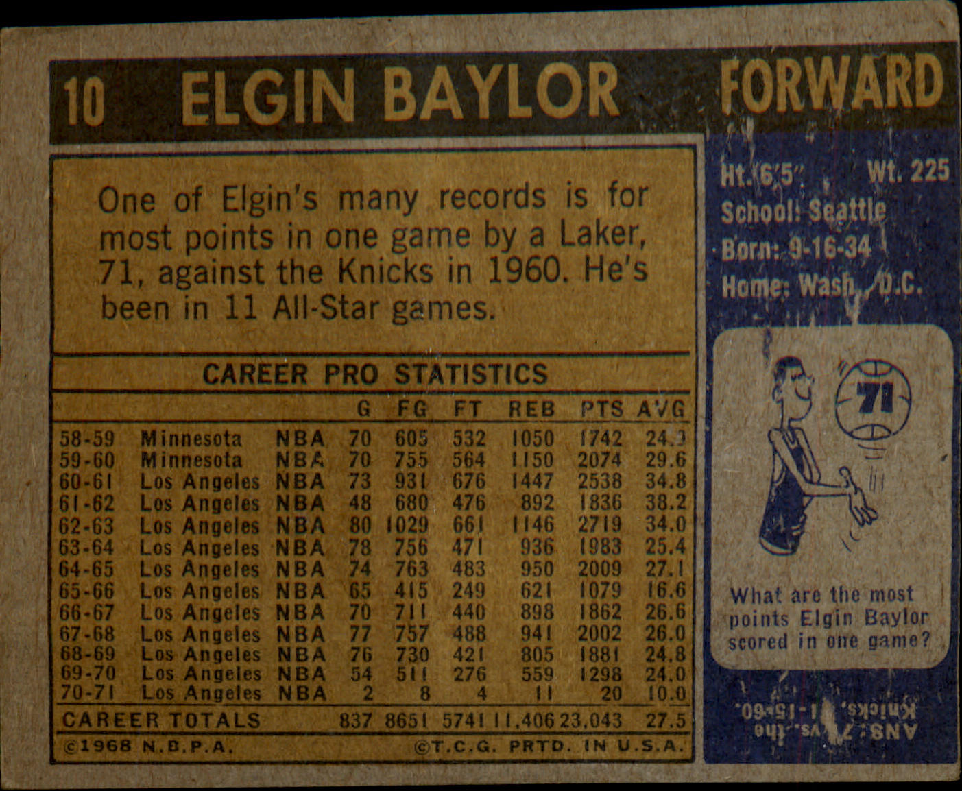 1971-72 Topps #10 Elgin Baylor
