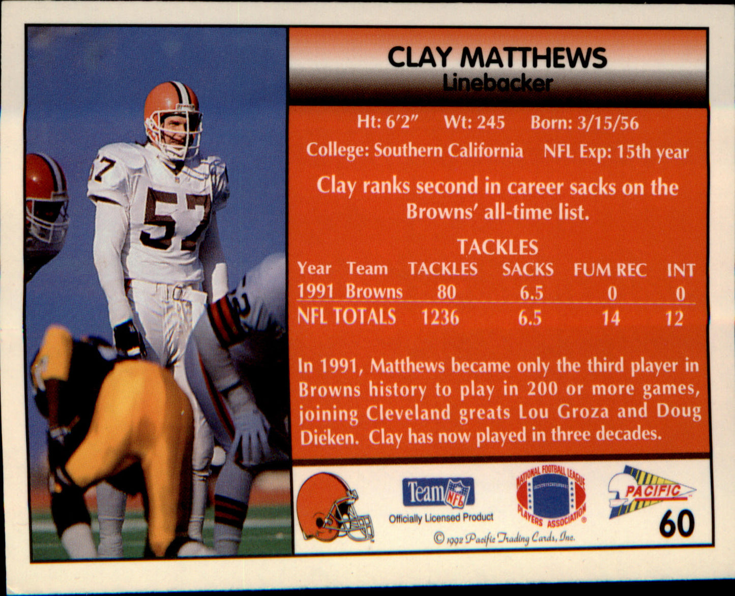 1992 Pacific #60 Clay Matthews