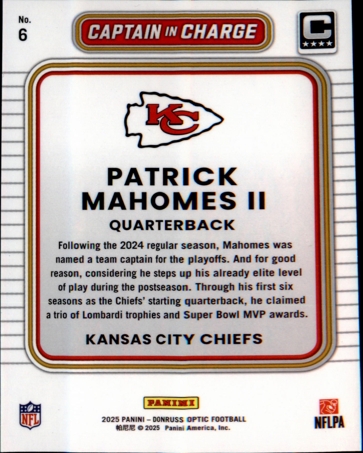 2025 Donruss Optic Captain in Charge #6 Patrick Mahomes II