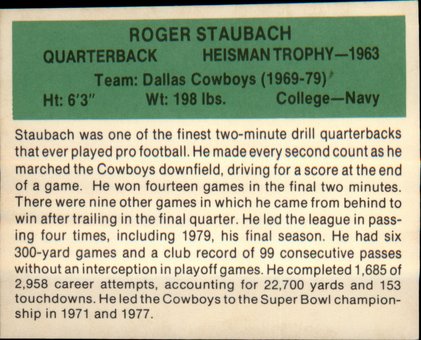 1987 Hygrade Football's All-Time Greats #NNO Roger Staubach
