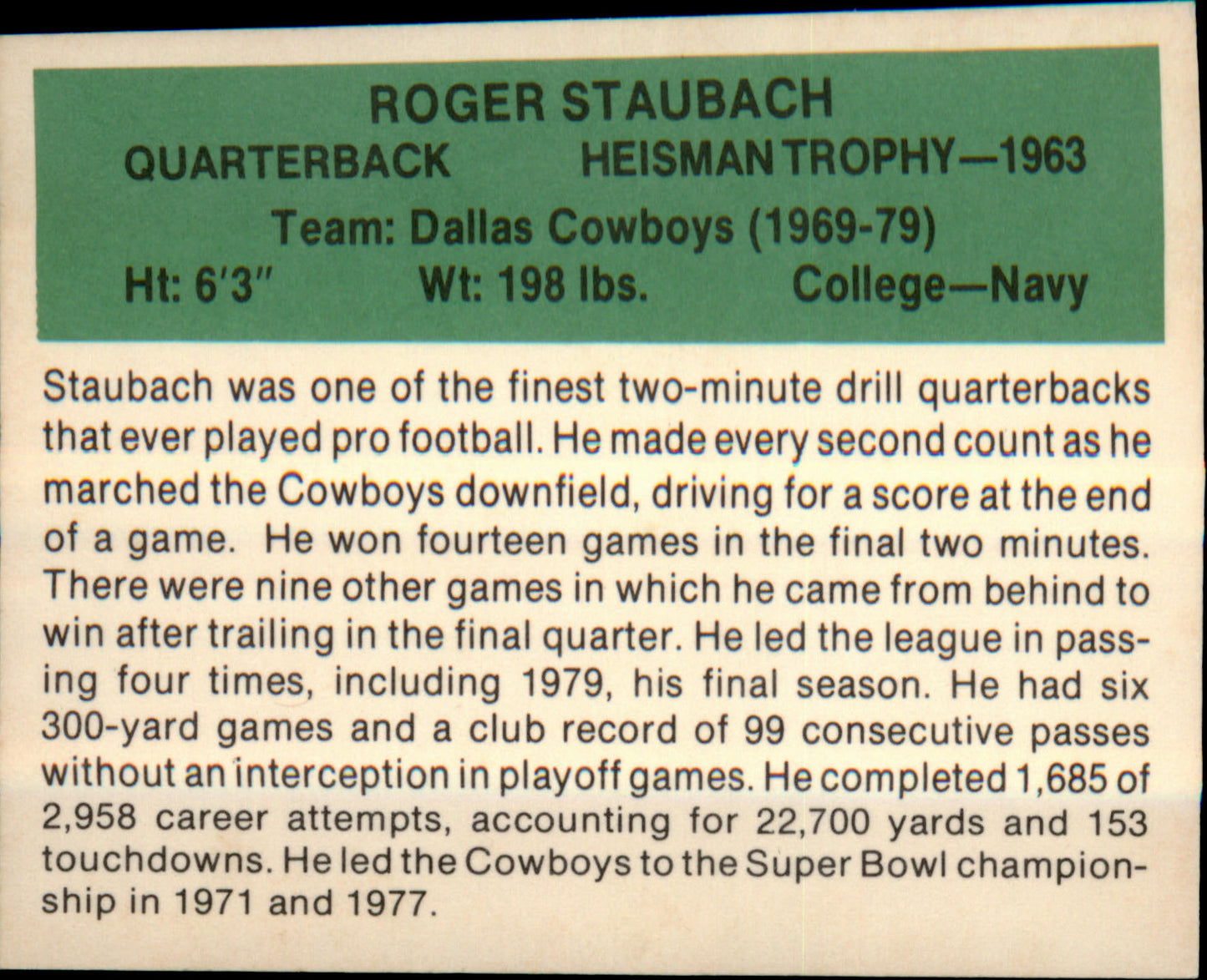 1987 Hygrade Football's All-Time Greats #NNO Roger Staubach