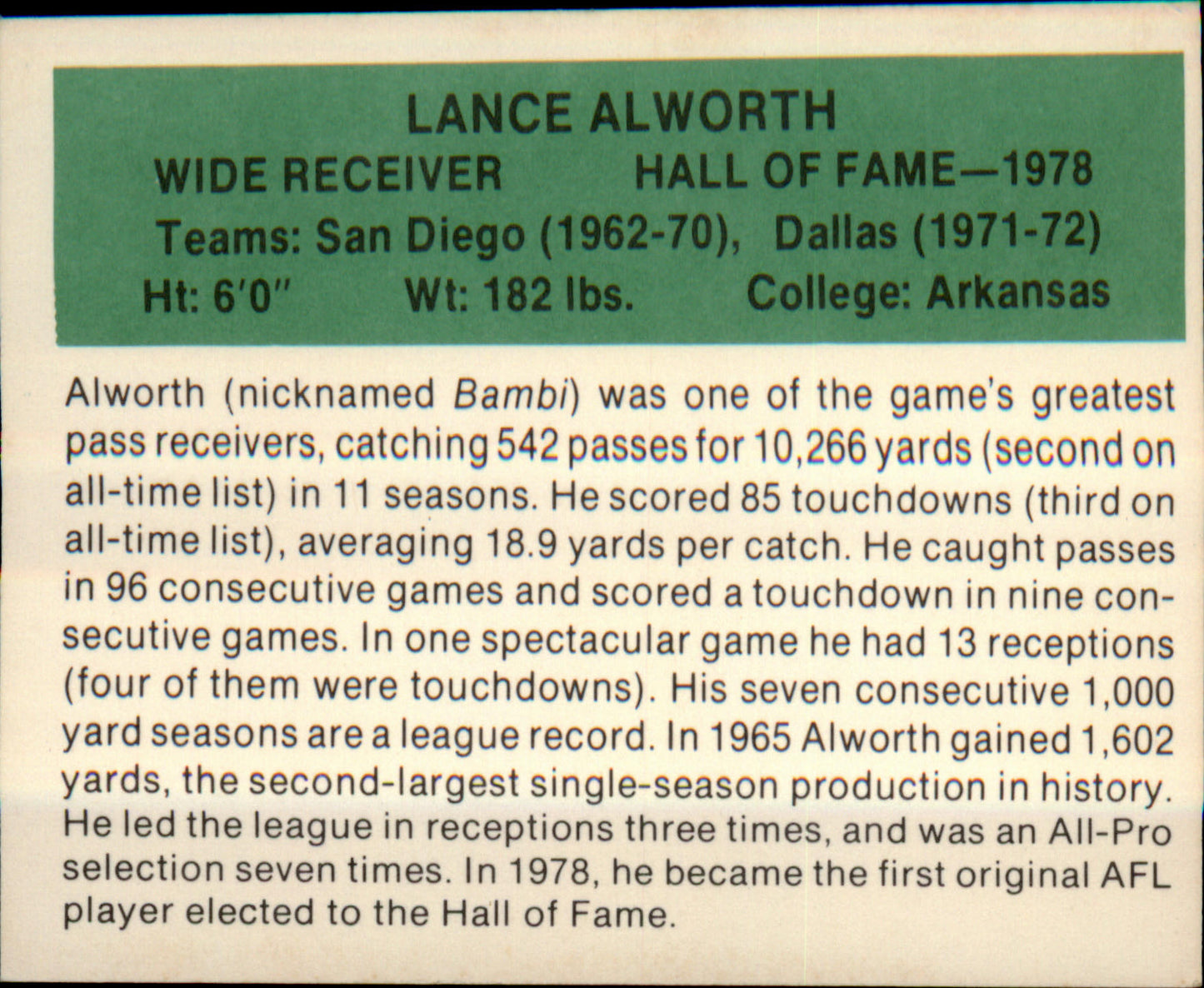 1987 Hygrade Football's All-Time Greats #NNO Lance Alworth