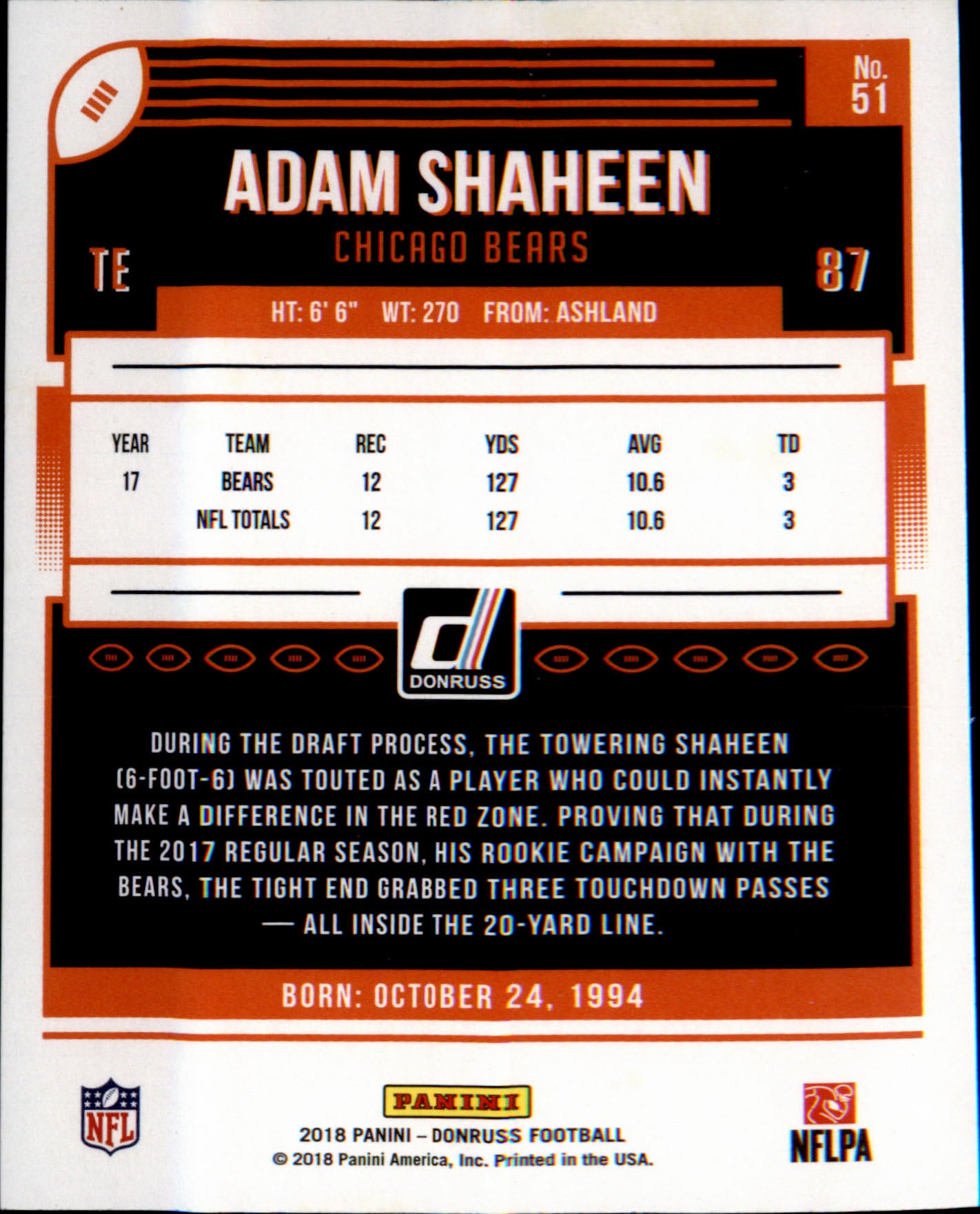 2018 Donruss #51 Adam Shaheen
