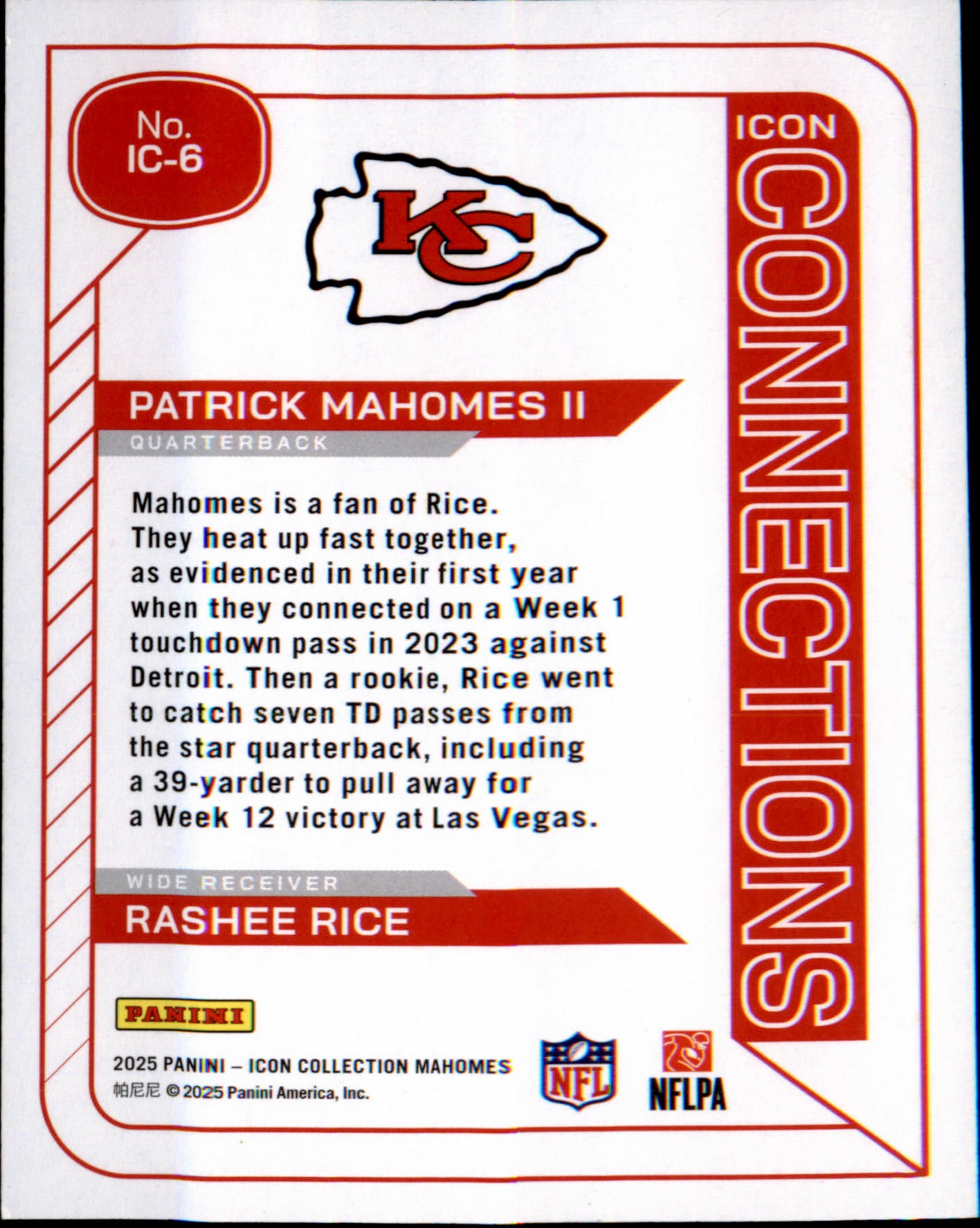 2025 Panini Icon Red Foil Icon Connections IC-6 patrick mahomes II Rashee Rice