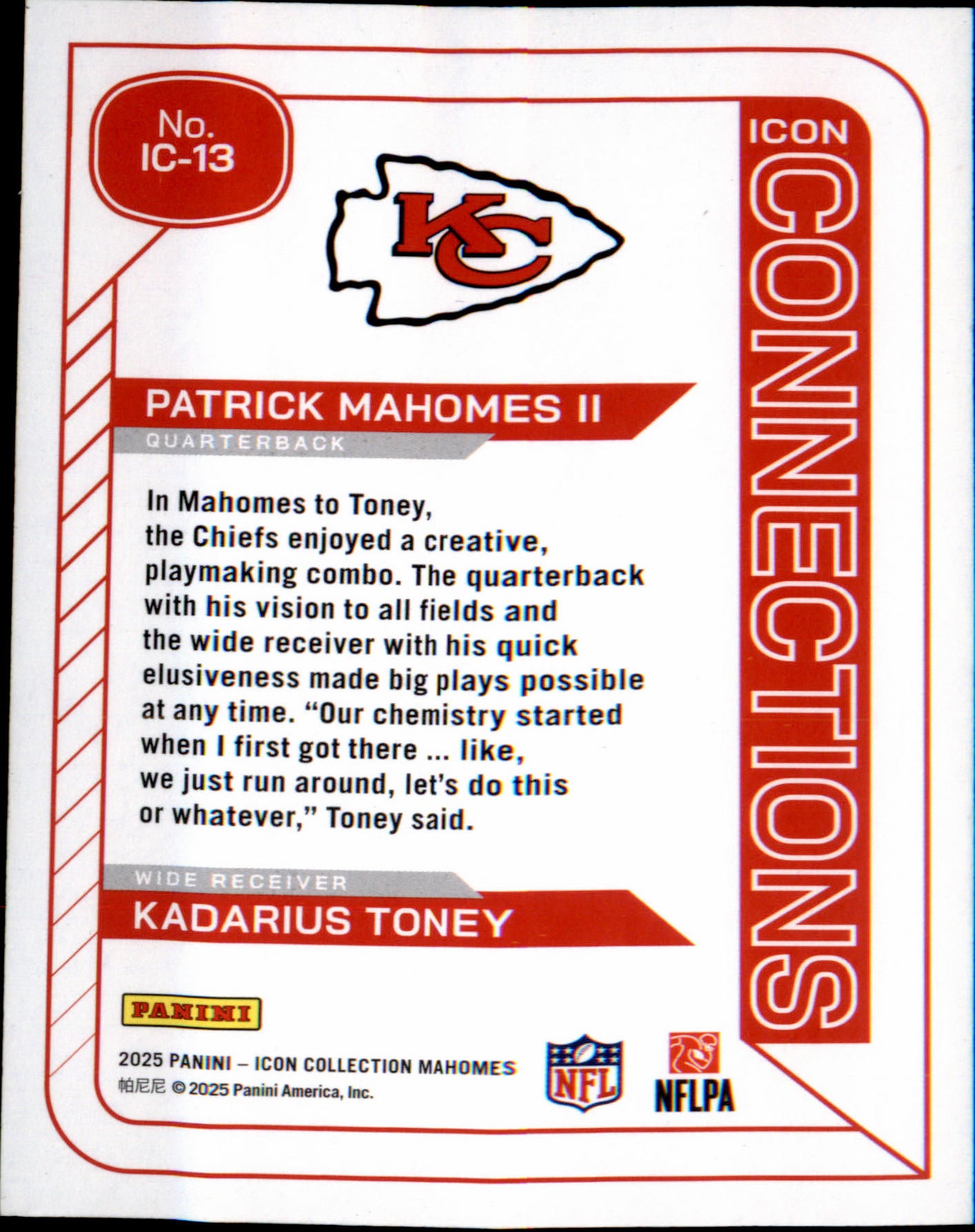 Patrick Mahomes Kadarius Toney #IC-13 2025 Panini Icon Collection Mahomes Chiefs